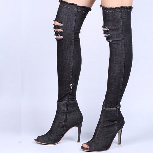 Over The Knee Thigh High Denim High Heel Boots - Black