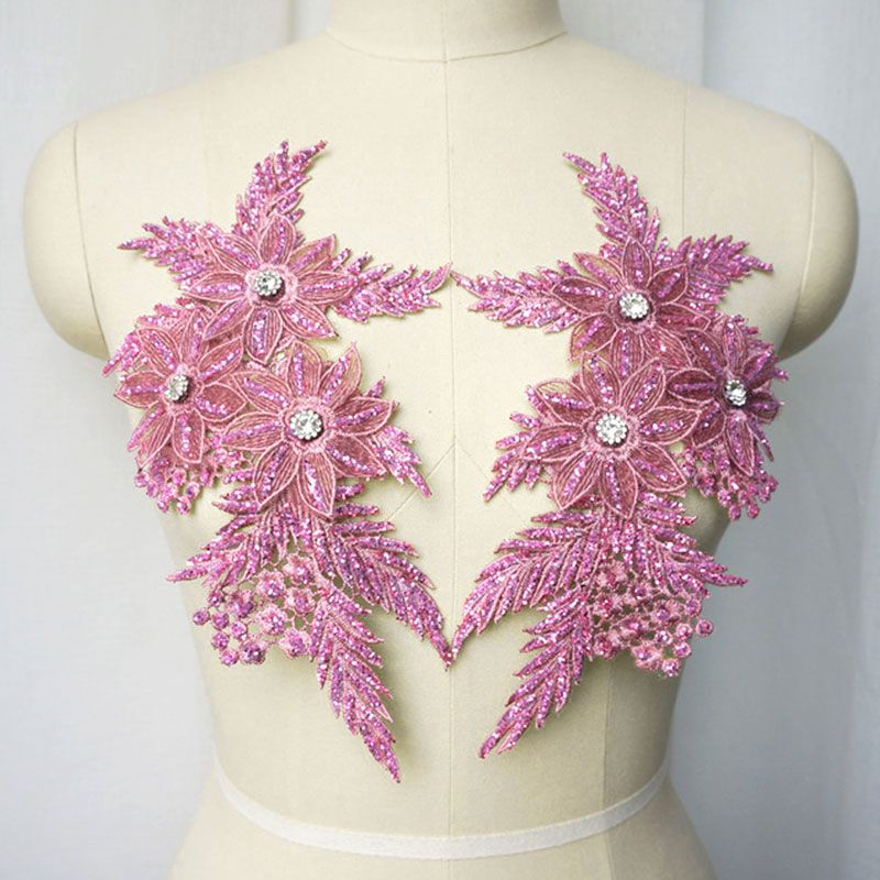 2Pcs Embroidered Sequin Cloth Sticker Rhinestones Sequin Lace Applique Sewing Flower Fabric Patch For Wedding Dress Diy Crafts Pink