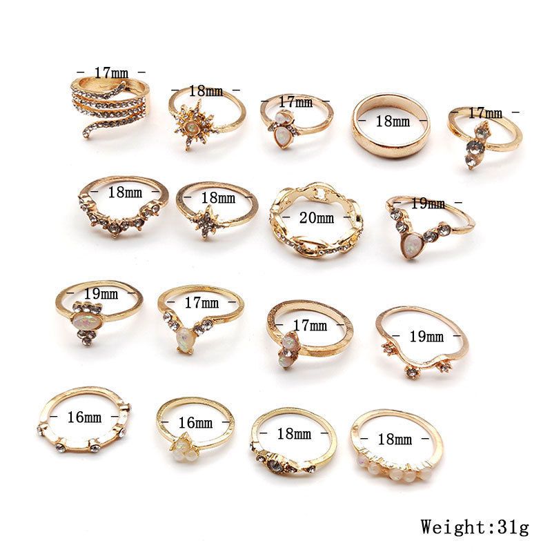 Fashion 17-Piece Diamond-set Ring Set Women Bohemian Rings