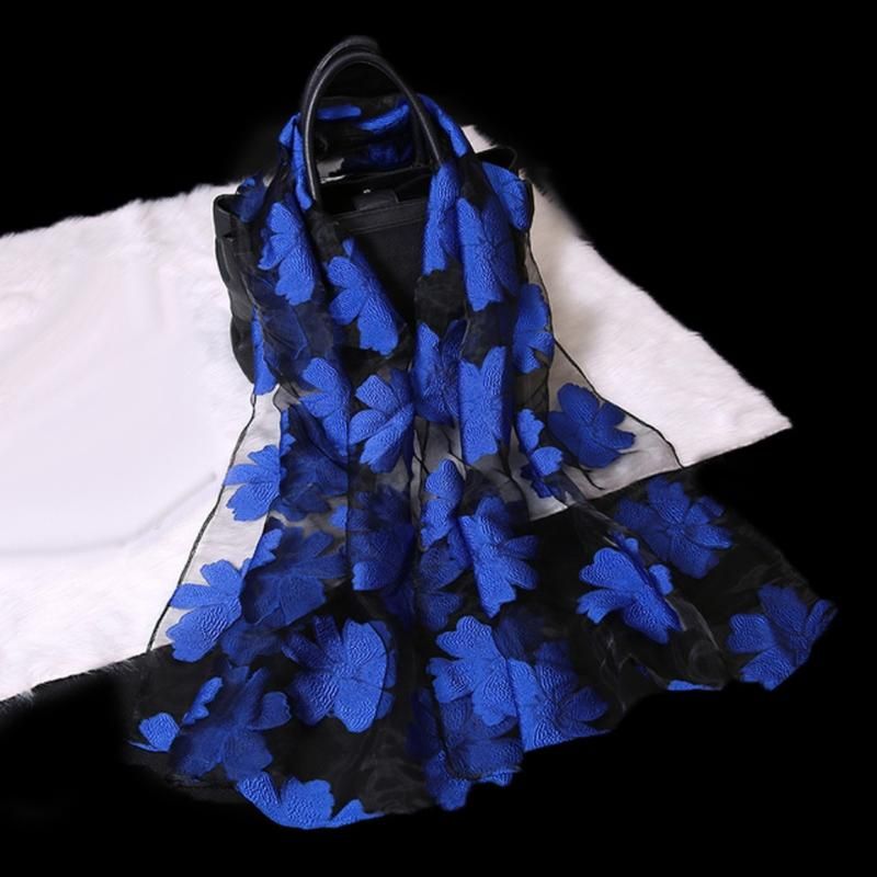Women Floral Embroidery Sheer Anti UV Long Neck Scarf-Red