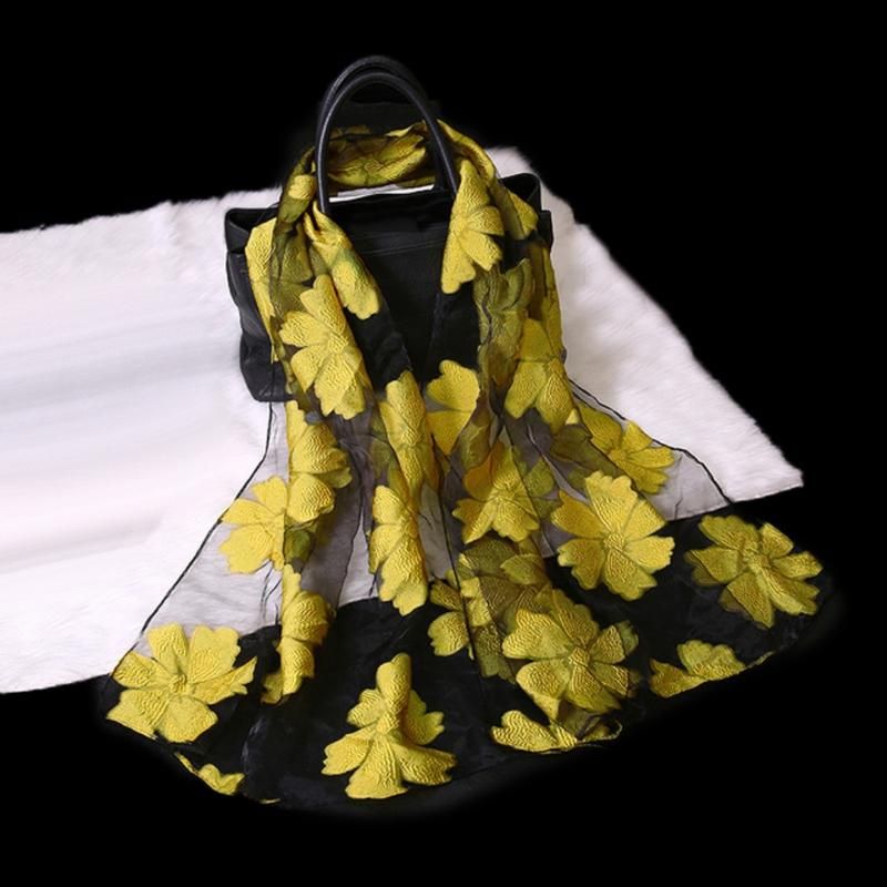 Women Floral Embroidery Sheer Anti UV Long Neck Scarf-Red
