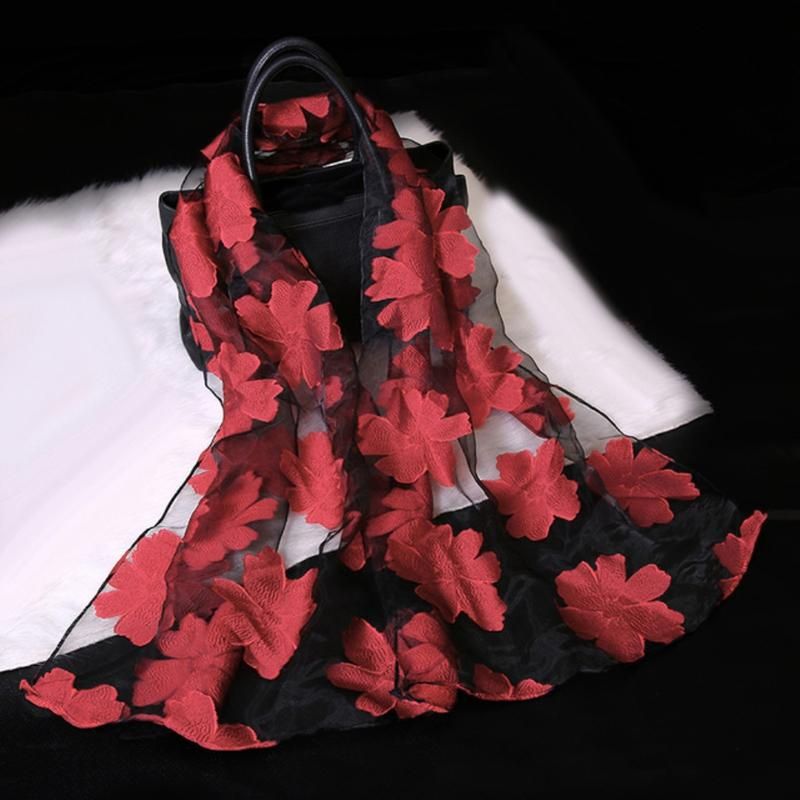 Women Floral Embroidery Sheer Anti UV Long Neck Scarf-Red