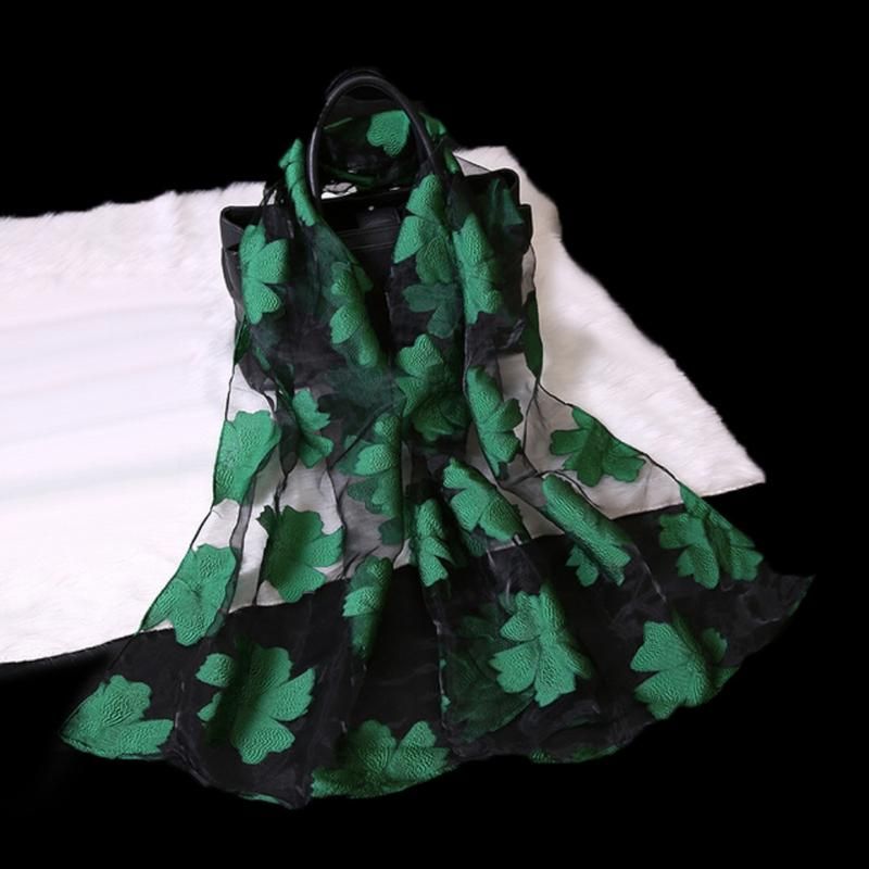 Women Floral Embroidery Sheer Anti UV Long Neck Scarf-Red