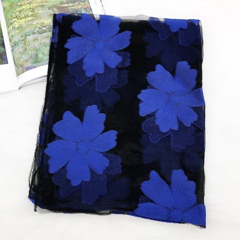 Women Floral Embroidery Sheer Anti UV Long Neck Scarf-Red