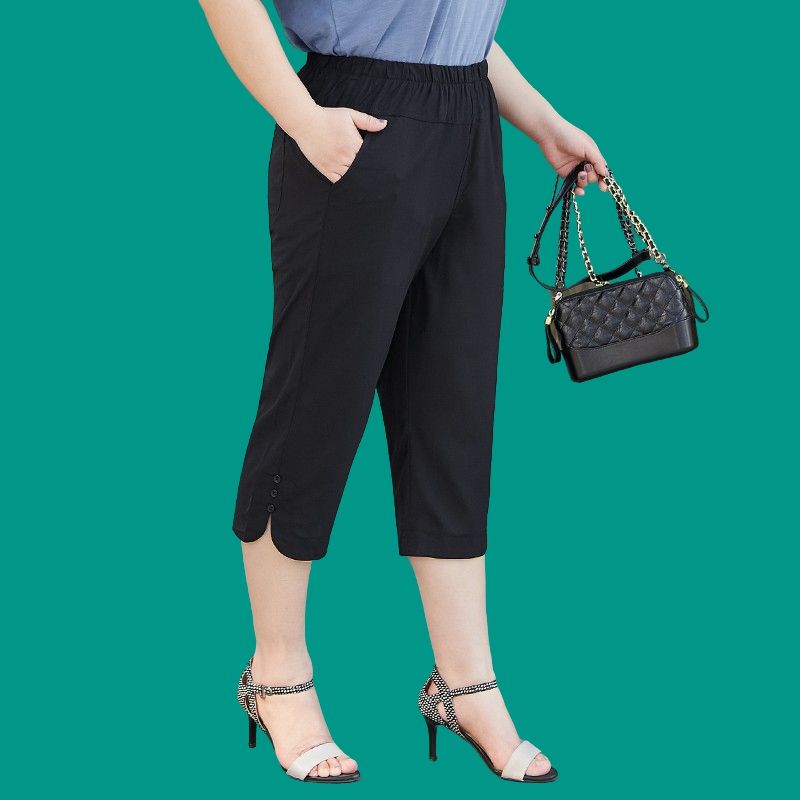 (Black)Plus Size Bottoms Women Clothing Breeches Chiffon Calf-Length Pants Cropped Trousers Oversized 4XL 5XL 6XL Streetwear Pantalones SAB