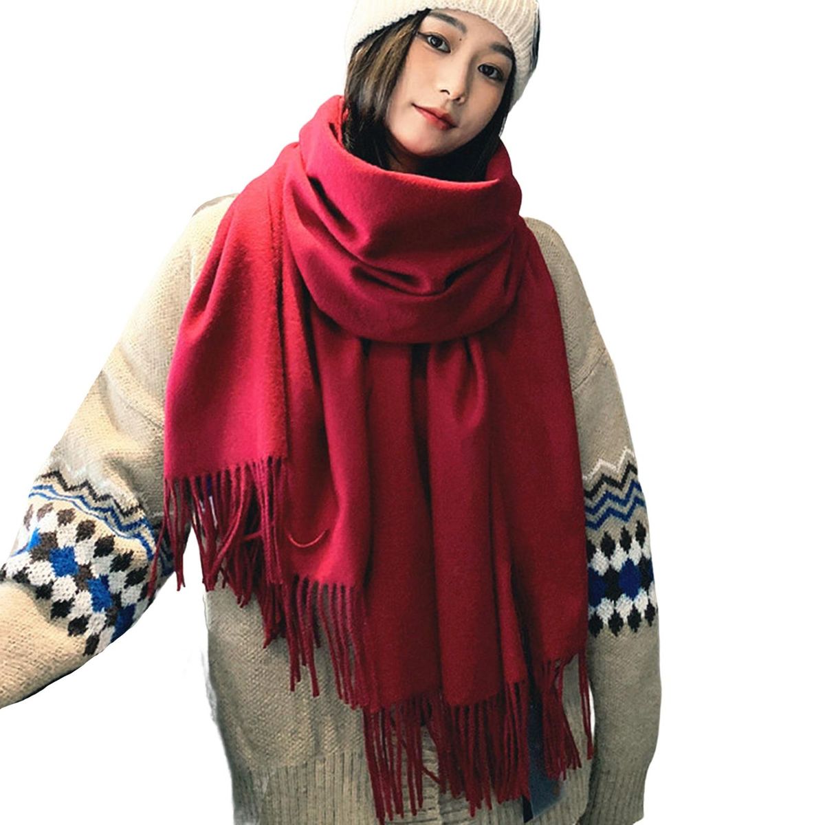 Shawl Wrap Plain Fringed Tassels Comfortable Soft-Wine Red