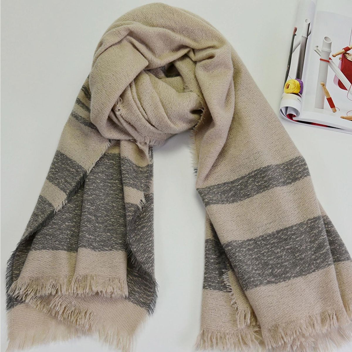 Shawl Wrap Fringed Tassels Striped Soft-Gray & White