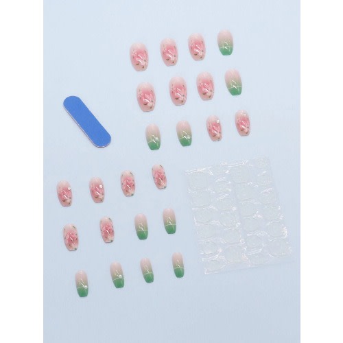 24pcs Short Coffin  Green And Pink Floral Nail & 1pc Nail File & 1sheet Tape