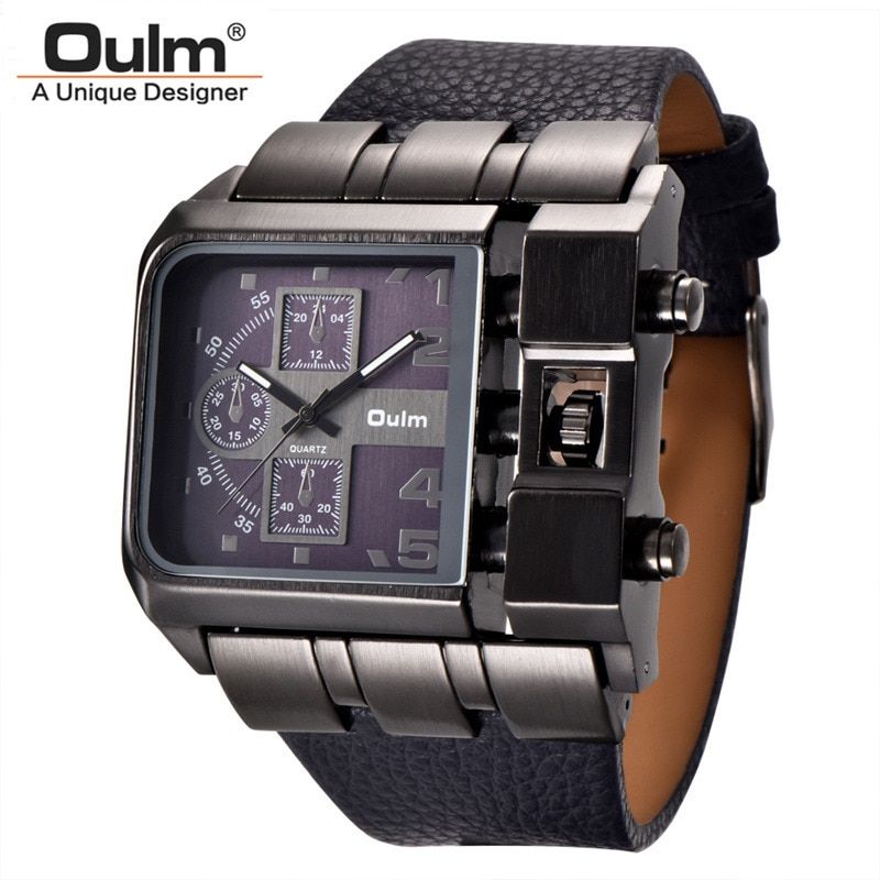Square Dial Oulm Watch Men's Quartz Clock Big Size PU Leather Casual Unique Male Sport Watches