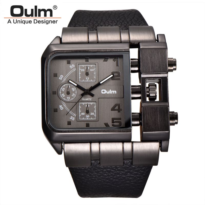 Square Dial Oulm Watch Men's Quartz Clock Big Size PU Leather Casual Unique Male Sport Watches