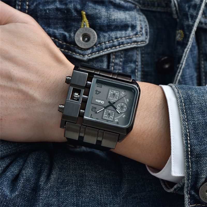 Square Dial Oulm Watch Men's Quartz Clock Big Size PU Leather Casual Unique Male Sport Watches
