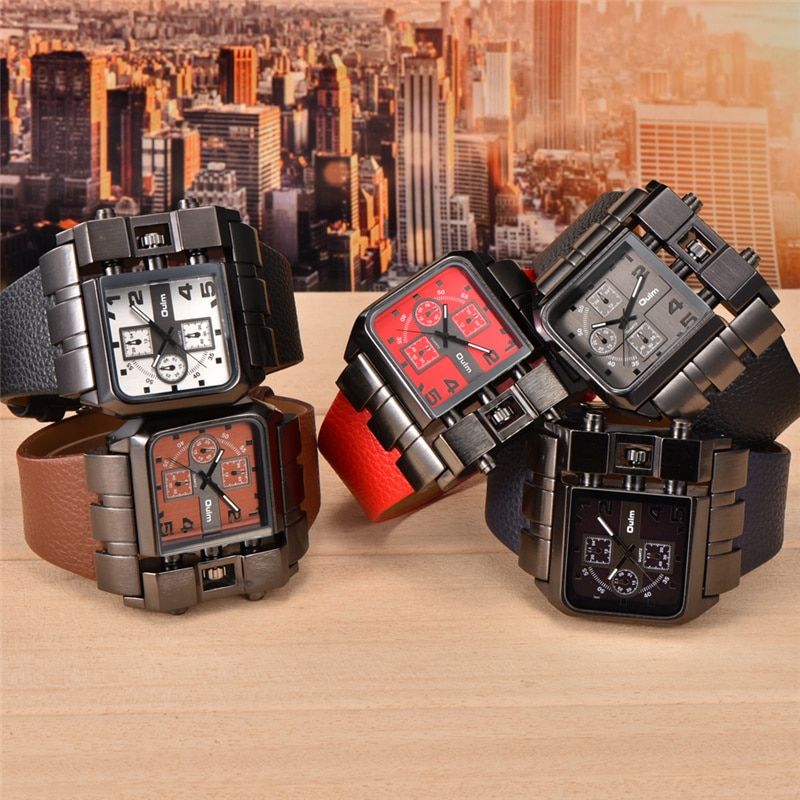 Square Dial Oulm Watch Men's Quartz Clock Big Size PU Leather Casual Unique Male Sport Watches