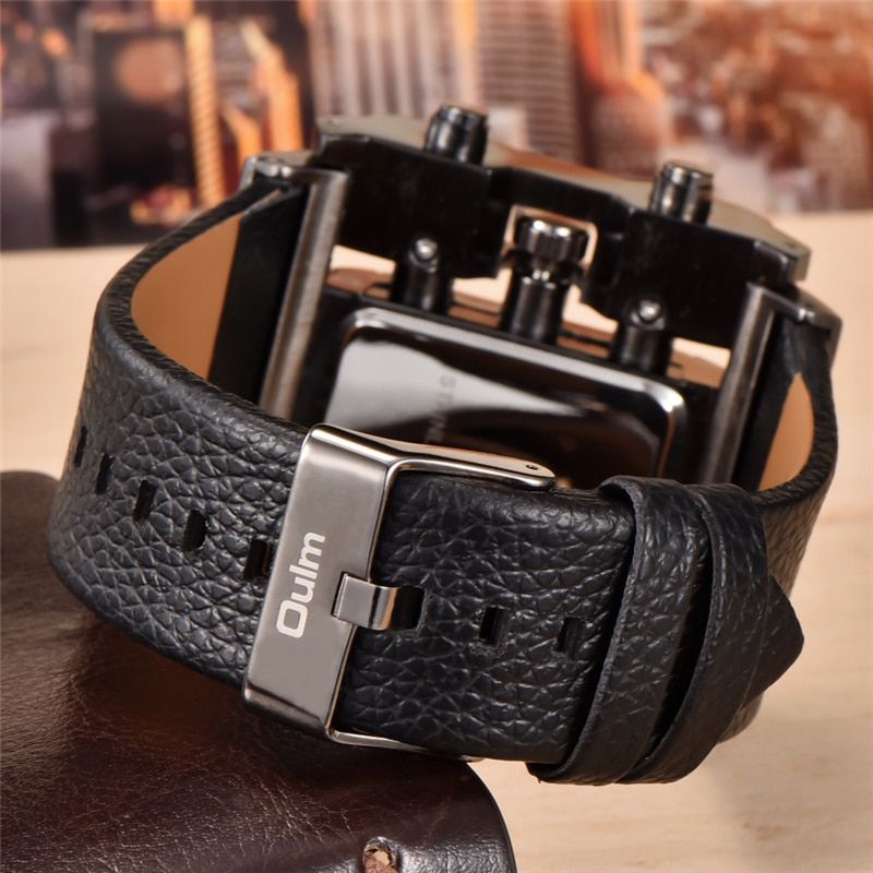 Square Dial Oulm Watch Men's Quartz Clock Big Size PU Leather Casual Unique Male Sport Watches