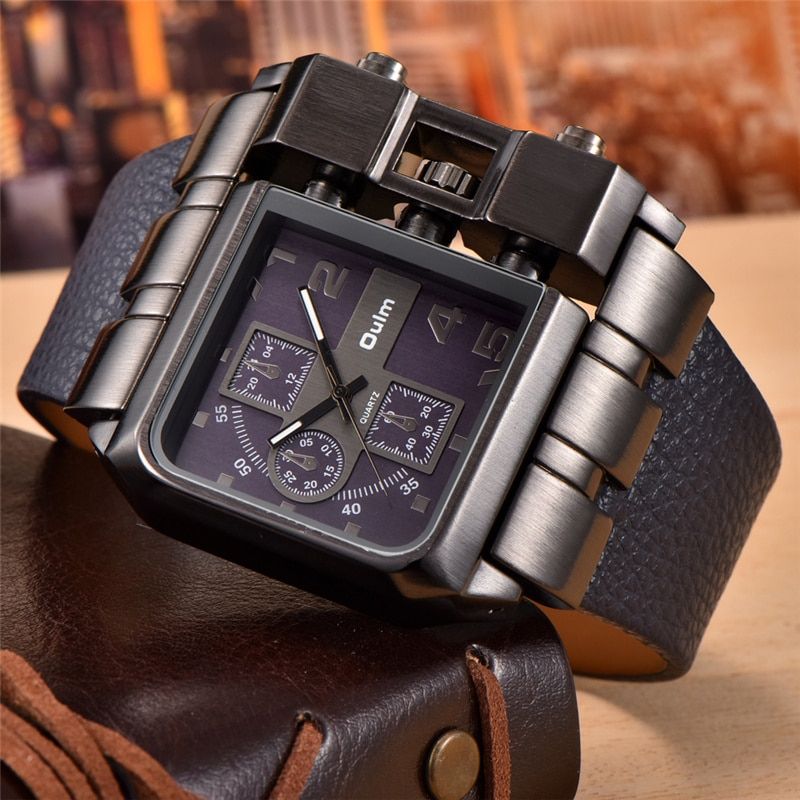 Square Dial Oulm Watch Men's Quartz Clock Big Size PU Leather Casual Unique Male Sport Watches