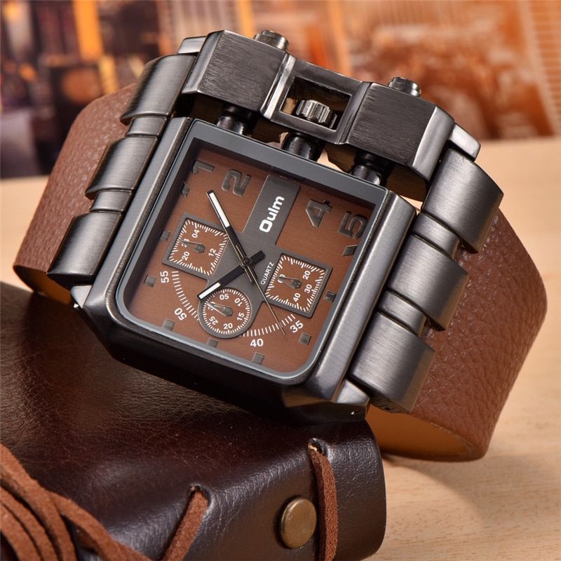 Square Dial Oulm Watch Men's Quartz Clock Big Size PU Leather Casual Unique Male Sport Watches