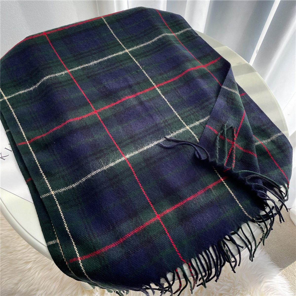 Wrap Shawl Lady Classic Plaid Pattern Thermal Scarf Navy Blue