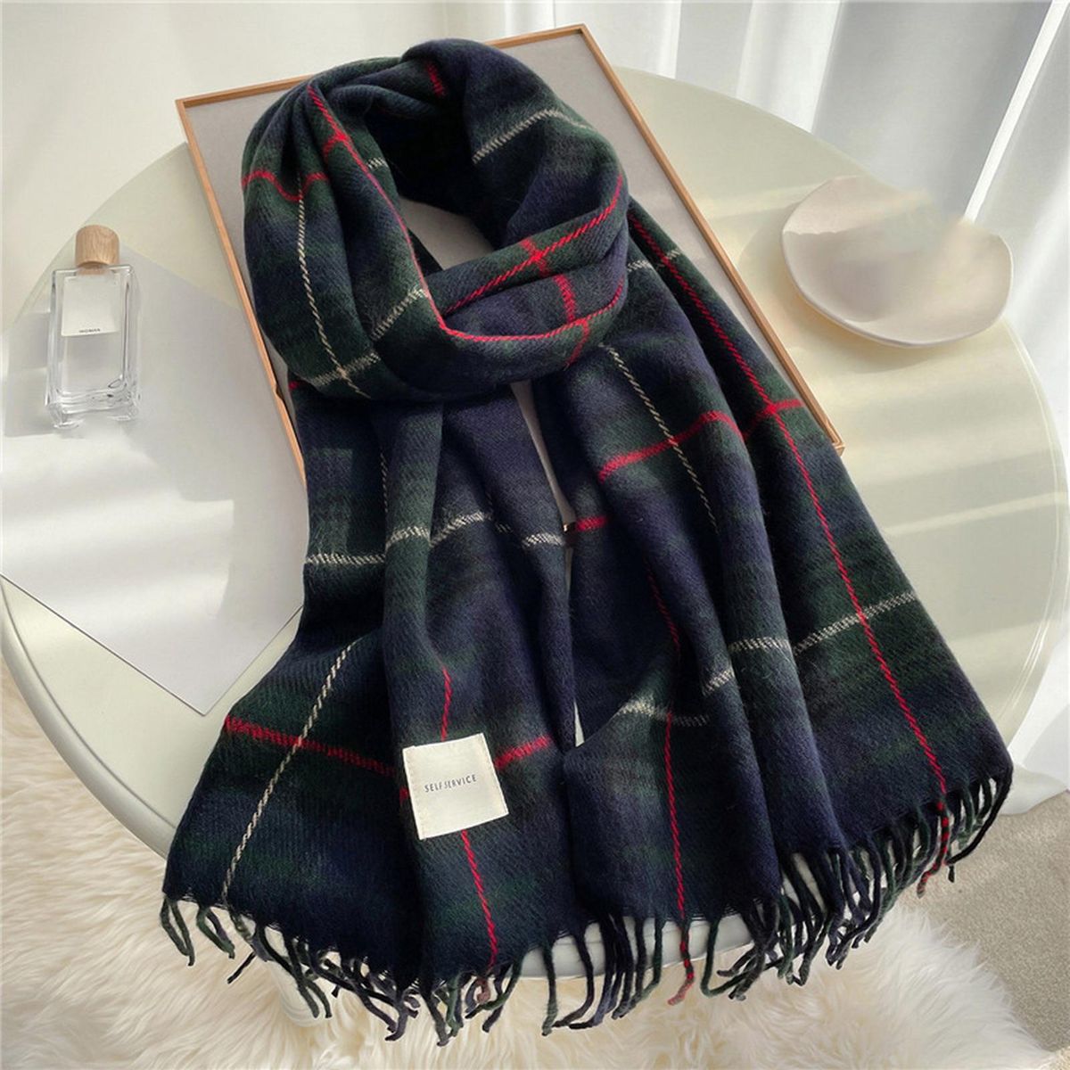 Wrap Shawl Lady Classic Plaid Pattern Thermal Scarf Navy Blue