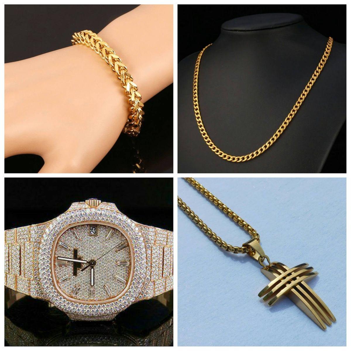 Very Durable/No Tarnish Ice Out Men Gold Wrist Watch + Necklace/Bracelet/Ring For Classic Men