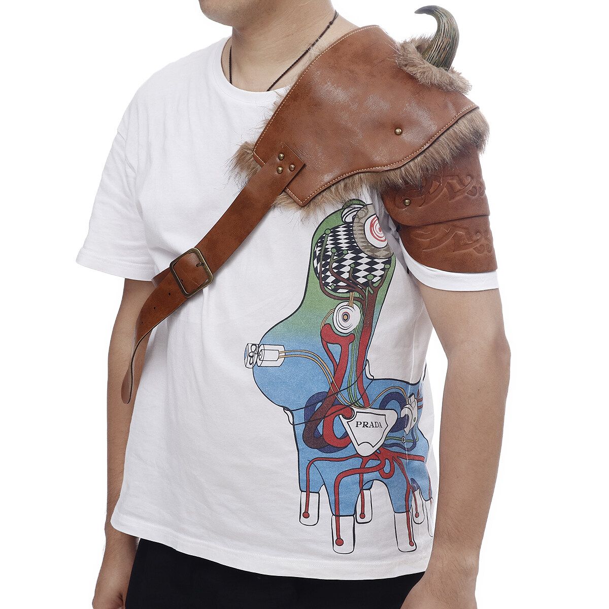 PU Man Medieval Cosplay Leather Armor Costume Buckles For Halloween Carnival With Horn Left