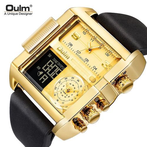 Oulm-Men's LED Sports Watch Quartz Large Dial Leather Three Time Zone