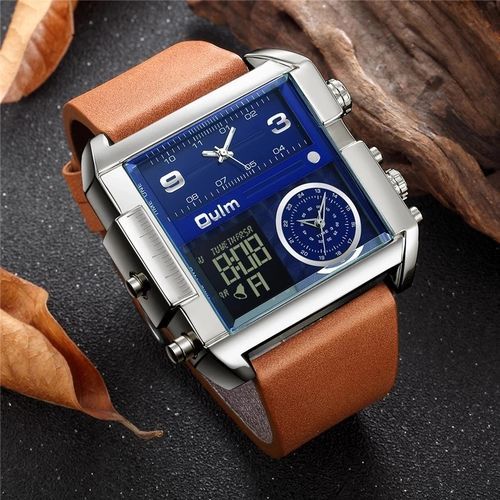 Oulm-Men's LED Sports Watch Quartz Large Dial Leather Three Time Zone