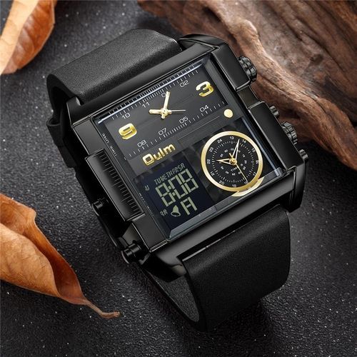 Oulm-Men's LED Sports Watch Quartz Large Dial Leather Three Time Zone