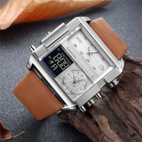 Oulm-Men's LED Sports Watch Quartz Large Dial Leather Three Time Zone