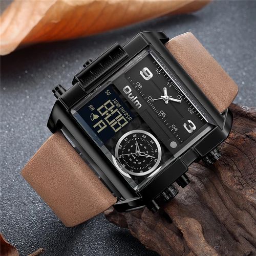 Oulm-Men's LED Sports Watch Quartz Large Dial Leather Three Time Zone