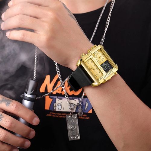 Oulm-Men's LED Sports Watch Quartz Large Dial Leather Three Time Zone