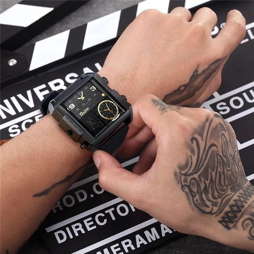 Oulm-Men's LED Sports Watch Quartz Large Dial Leather Three Time Zone