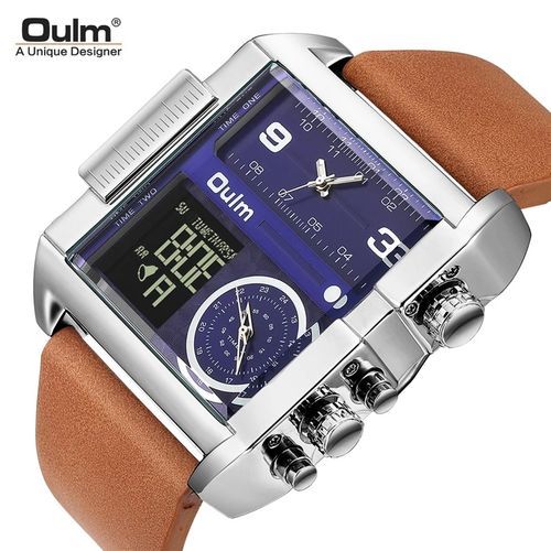 Oulm-Men's LED Sports Watch Quartz Large Dial Leather Three Time Zone