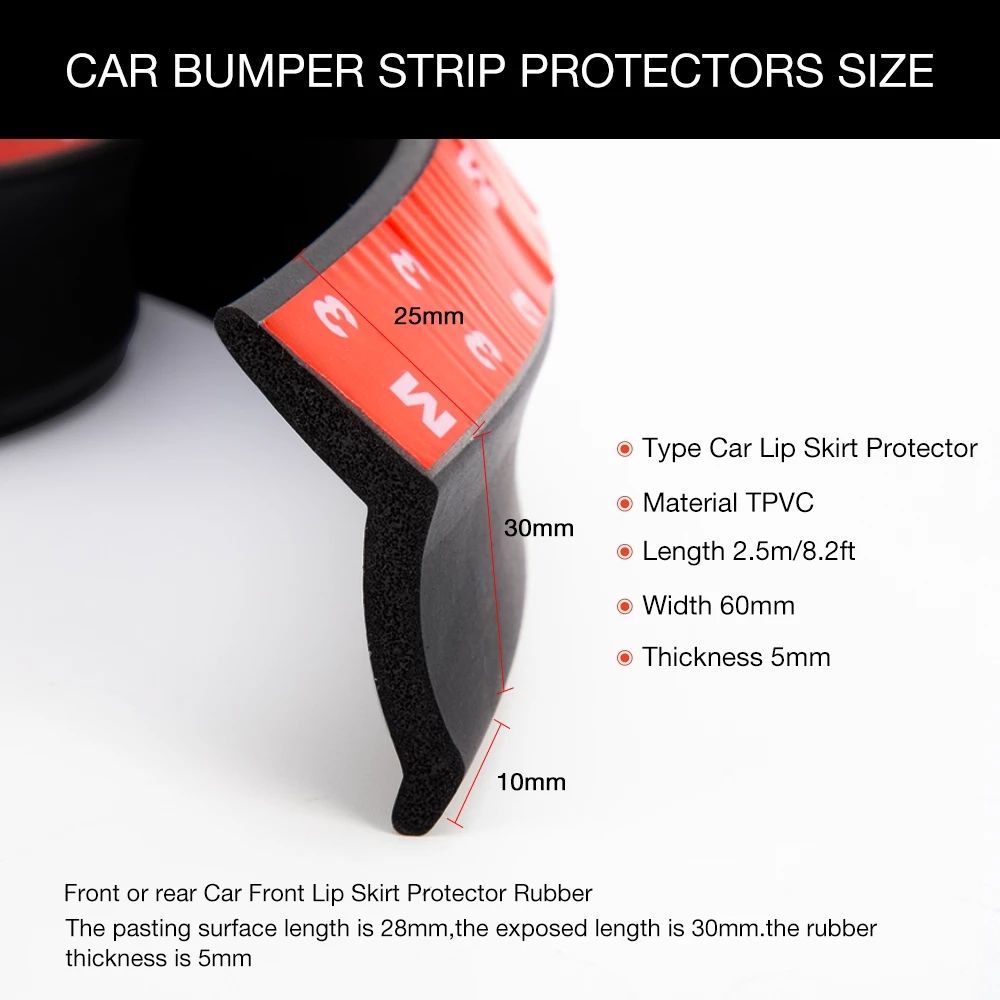 2.5M Car Bumper Lip Stickers Car Front Bumper Lip Rubber Car Bumper Protectors Exterior Mouldings Bumper Lip Strip 65mm Width