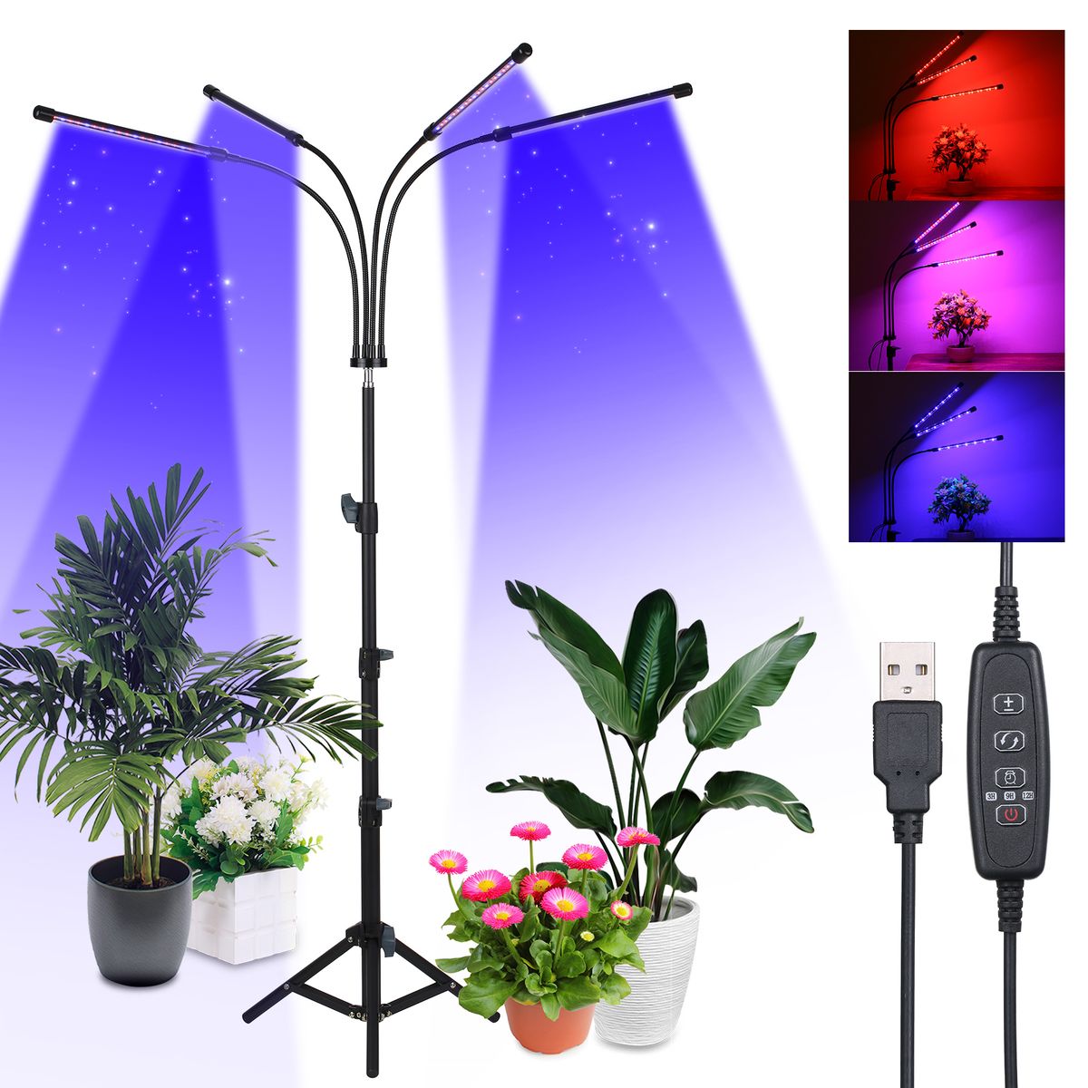 4-Headed LEDs Grow Light With Adjustable Tripod Stand Full
