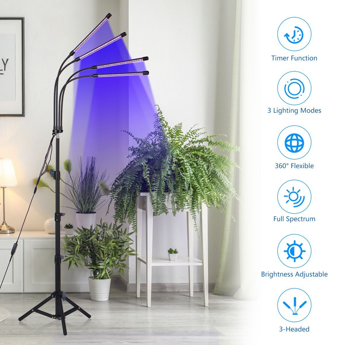 4-Headed LEDs Grow Light With Adjustable Tripod Stand Full