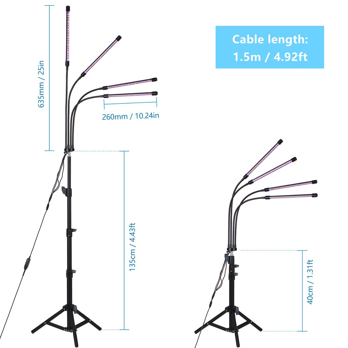4-Headed LEDs Grow Light With Adjustable Tripod Stand Full