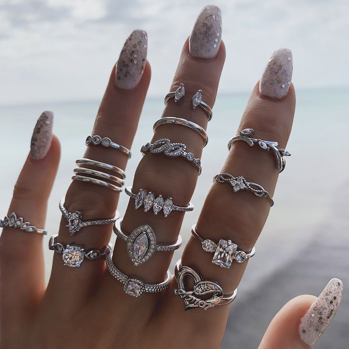 15Pcs/Set Women Bohemian Rhinestone Stackable Finger-Silver