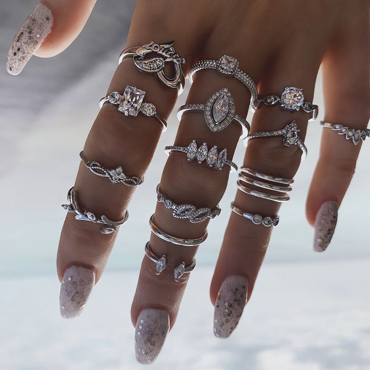 15Pcs/Set Women Bohemian Rhinestone Stackable Finger-Silver
