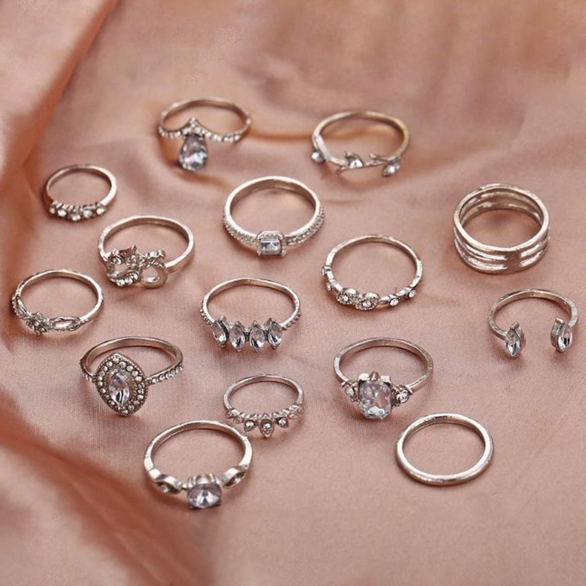 15Pcs/Set Women Bohemian Rhinestone Stackable Finger-Silver