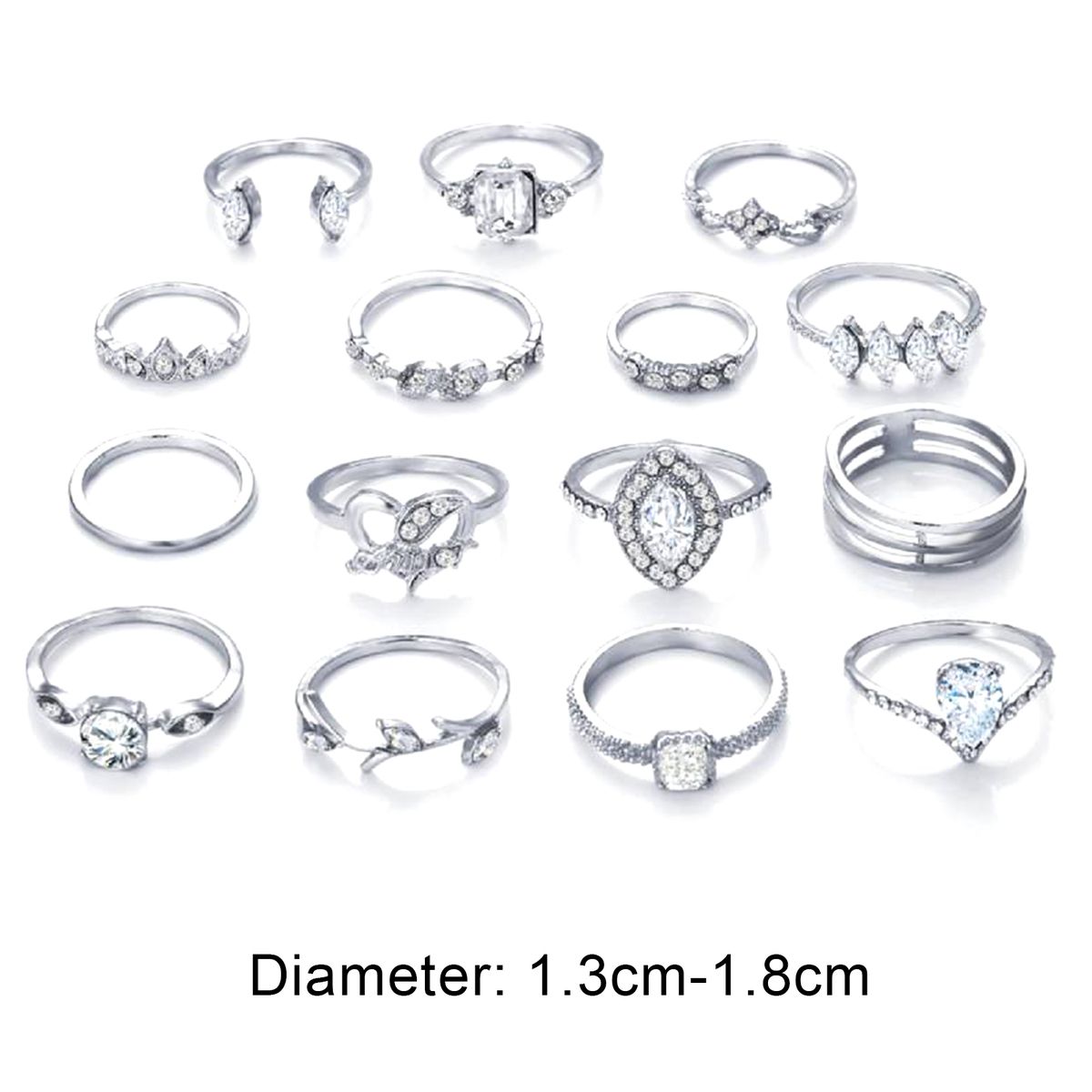 15Pcs/Set Women Bohemian Rhinestone Stackable Finger-Silver