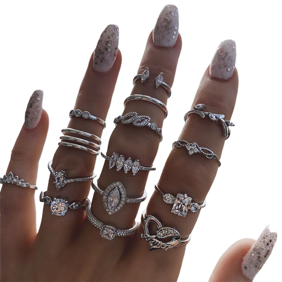 15Pcs/Set Women Bohemian Rhinestone Stackable Finger-Silver