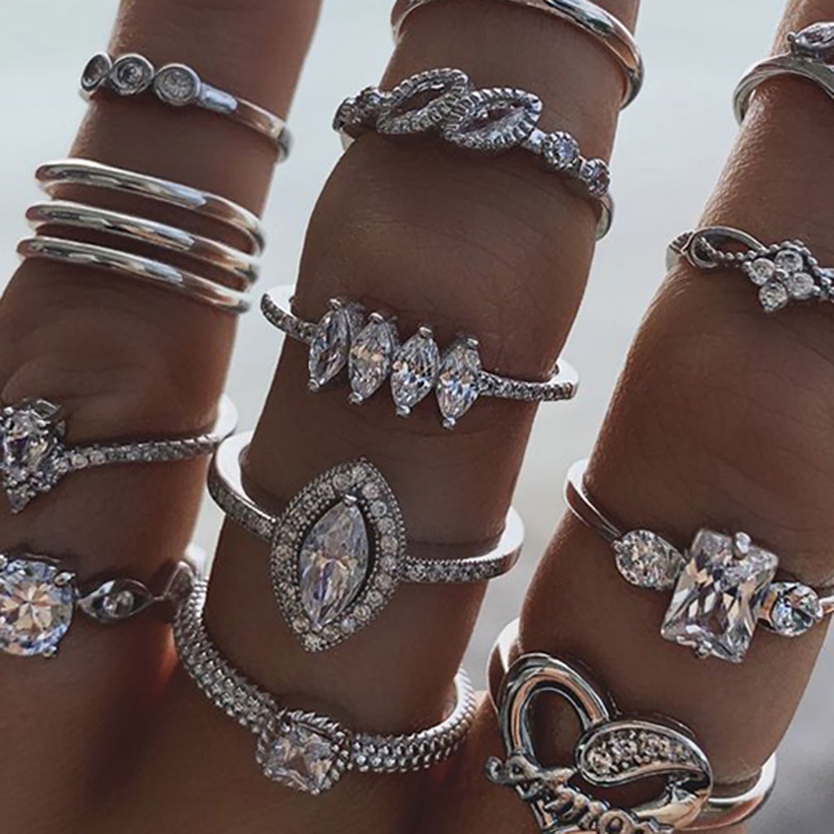 15Pcs/Set Women Bohemian Rhinestone Stackable Finger-Silver