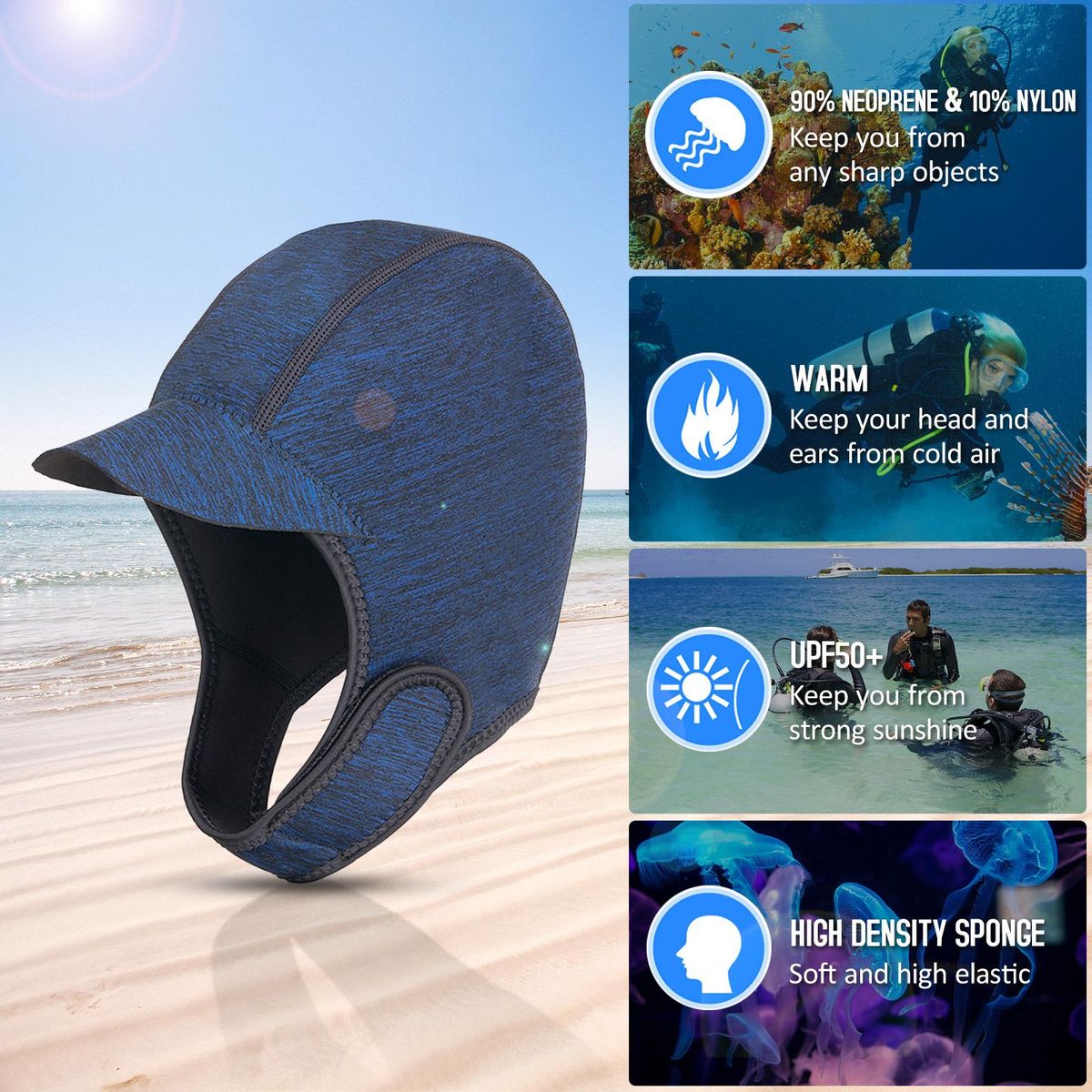 Neoprene Diving Cap Thermal Snorkeling Wetsuit Hat Warm Surfing Headgear Swim Cap Diving Hood for Diving Swimming Snorkeling Kayaking Sailing Canoeing Water Sports