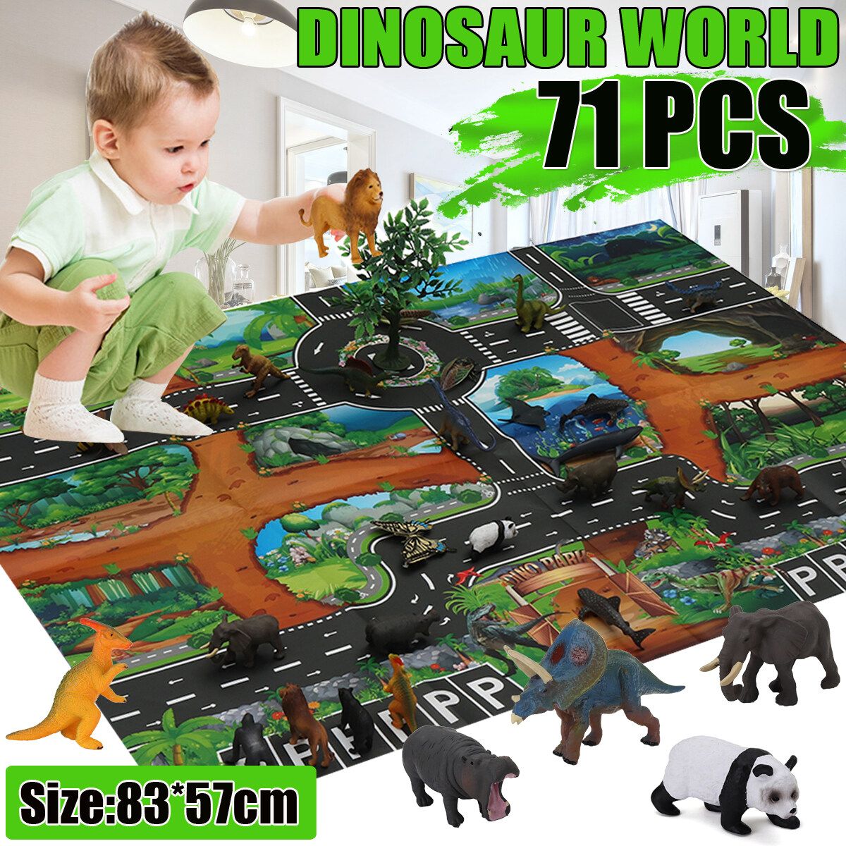 Children Dinosaur City Map Model Toy Indoor Crawling Mat Game Pad 83*57CM 109pics Suit (bag)
