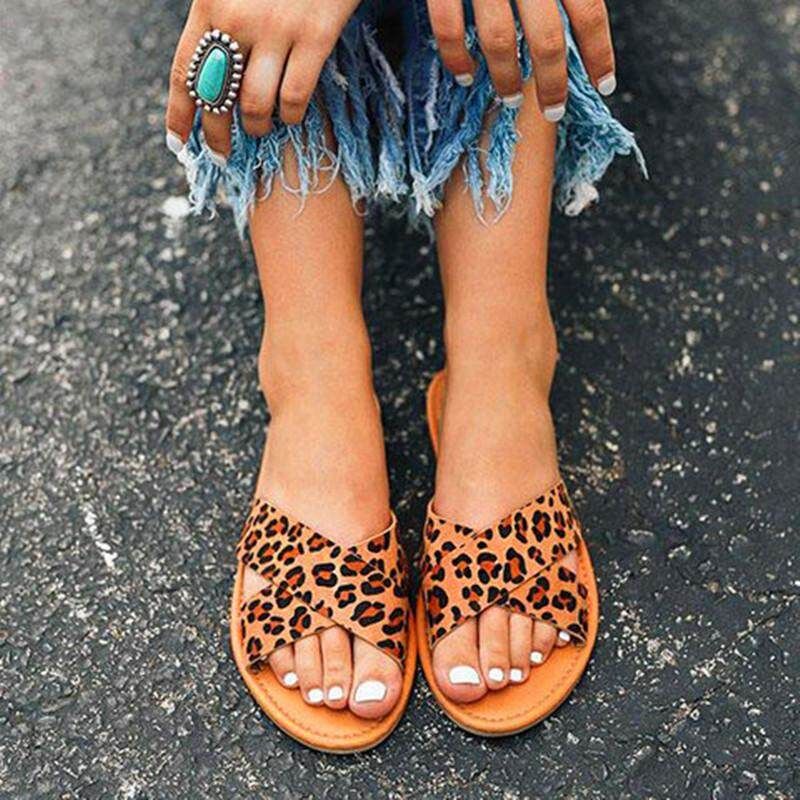 Female Summer New European And American Large Size Slippers Leopard Flat Simple Simple Wild Comfortable Sandals Yellow