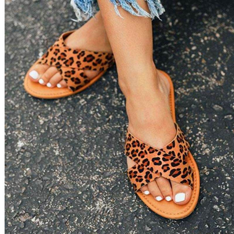 Female Summer New European And American Large Size Slippers Leopard Flat Simple Simple Wild Comfortable Sandals Yellow