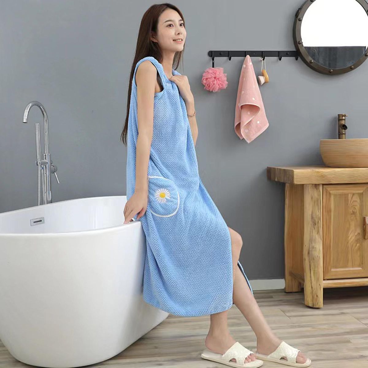 Wearable Bath Towel Swim Cover  Soft Shower 100cmx145cm Blue