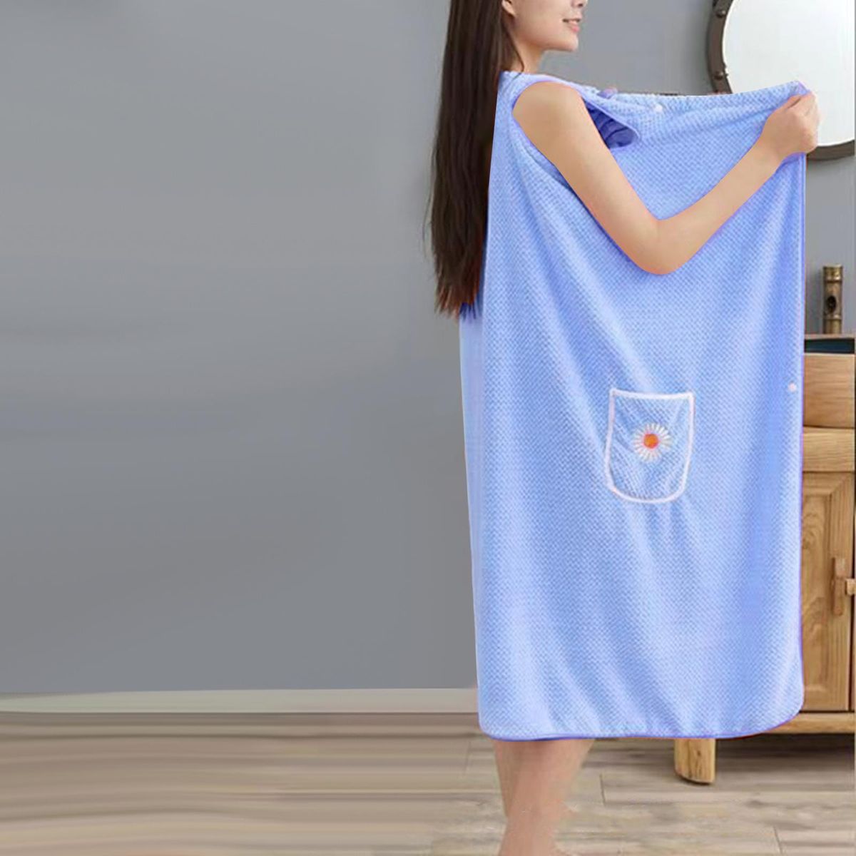 Wearable Bath Towel Swim Cover  Soft Shower 100cmx145cm Blue