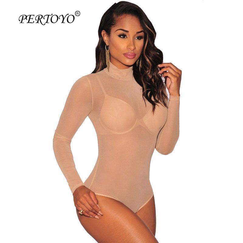 Nude Mesh Bodysuit Rompers Bodycon Jumpsuit Turtleneck Skinny Bodysuits Transparent New Women Sexy Body Clothing(#Blue)
