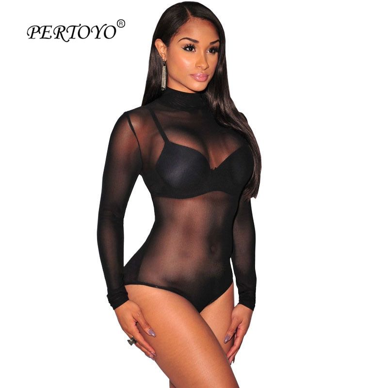 Nude Mesh Bodysuit Rompers Bodycon Jumpsuit Turtleneck Skinny Bodysuits Transparent New Women Sexy Body Clothing(#Blue)