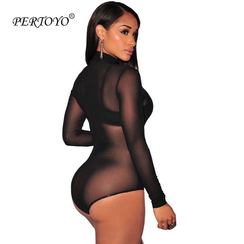 Nude Mesh Bodysuit Rompers Bodycon Jumpsuit Turtleneck Skinny Bodysuits Transparent New Women Sexy Body Clothing(#Blue)
